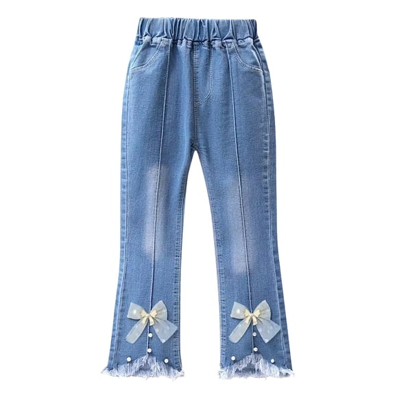 CPNG Girls Slimming Flare Jeans Teen Girls Daily Elastic High Waisted Bow Decoration Flared Trousers Casual Bell Bottom Denim Pants(H,6-7 Years)