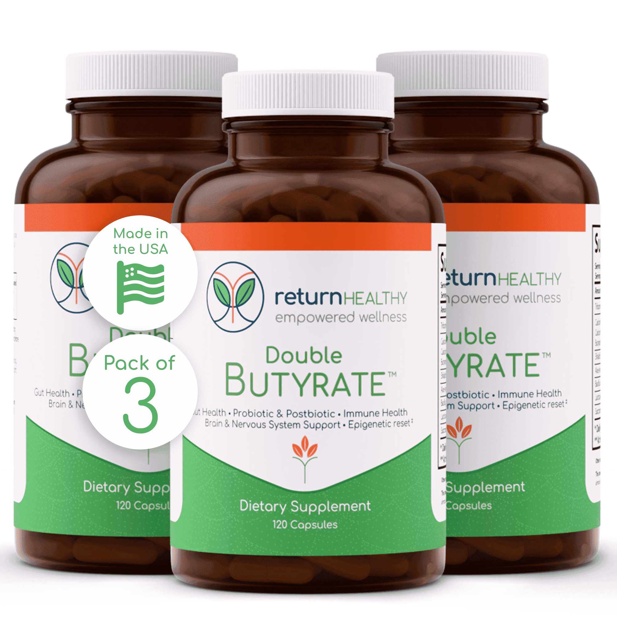 Return Healthy Double Butyrate, 2000mg Calcium Butyrate & Tributyrin, 120 Capsules, 3 pack