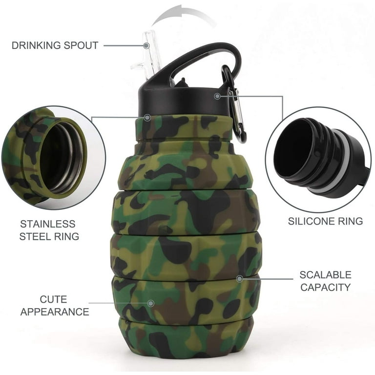Collapsible drinking bottle Grenade 580ml, BPA-free, leak-proof water bottle,  made of silicone, food-safe, sports bottle for bicycles, sports, festivals  with carabiner + sustainable 