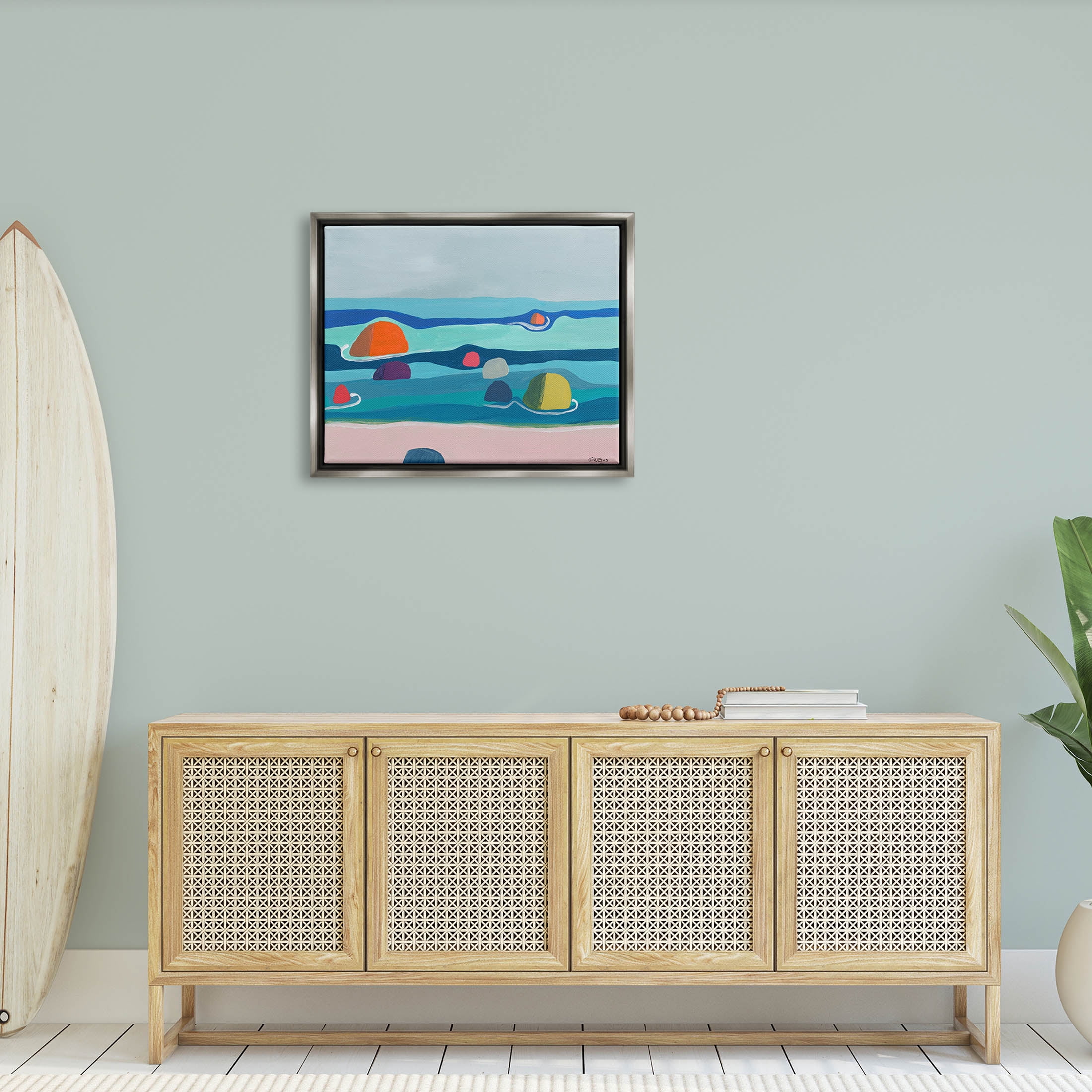 Modern Floating Beach Buoys Coastal Painting Luster Gray Framed Art Print Wall Art