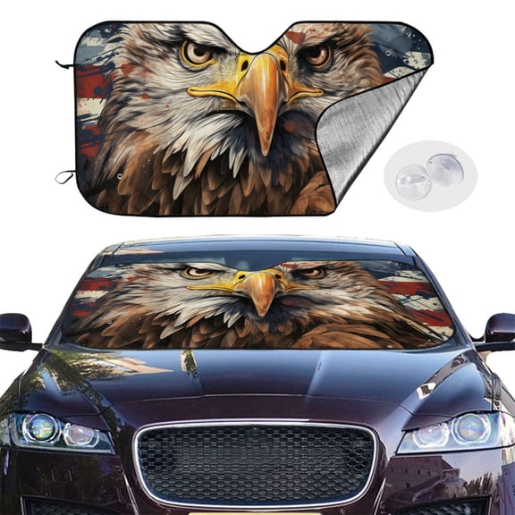 Bald Eagle And American Flag Cool Windshield Sunshade Sun Shade Front Window Car Sun Visor Protector for Truck SUV Blocks UV Ray,Small