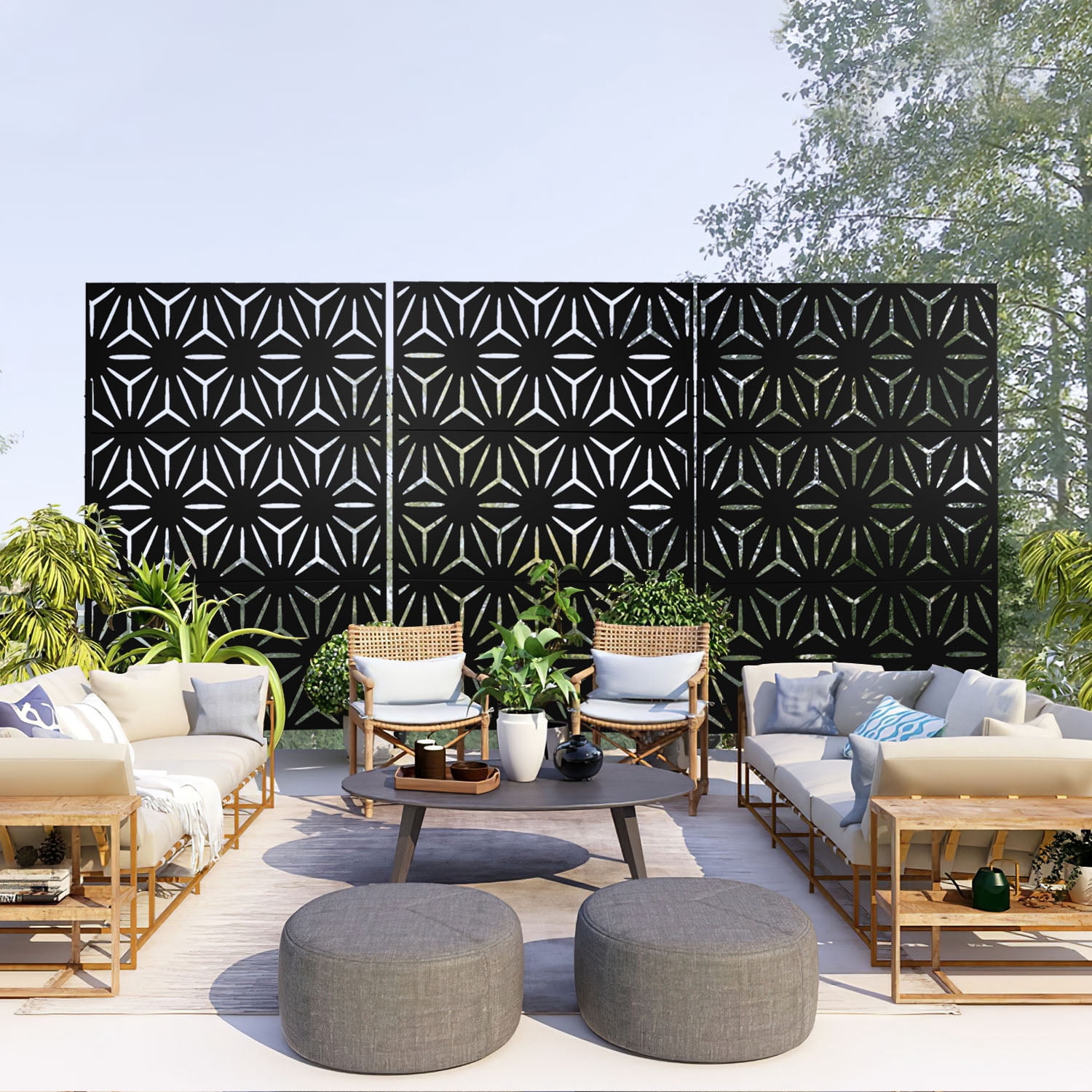 MAYEERTY 72×47" Outdoor Black Metal Privacy Panel Screen for Backyard & Garden, Geometric Starburst Pattern