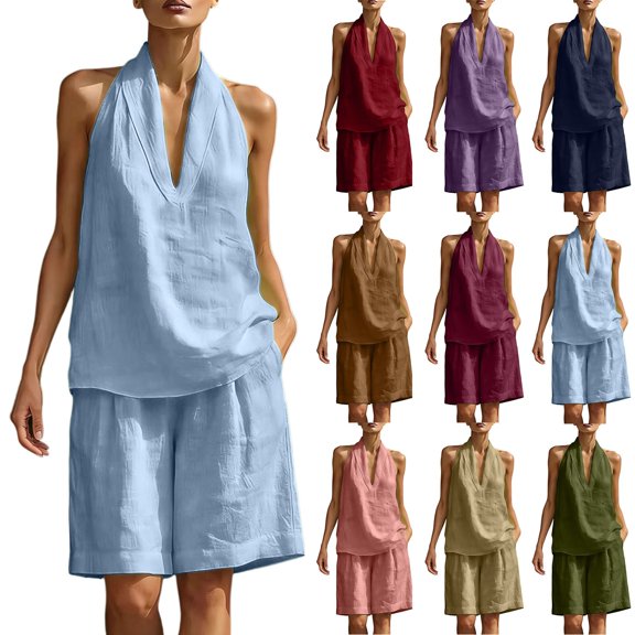 Women's 2 Piece Short Sets Linen Sleeve V Neck Halter Matching Short Suit Summer Casual Oversized Outfits Light Blue XL(XL)