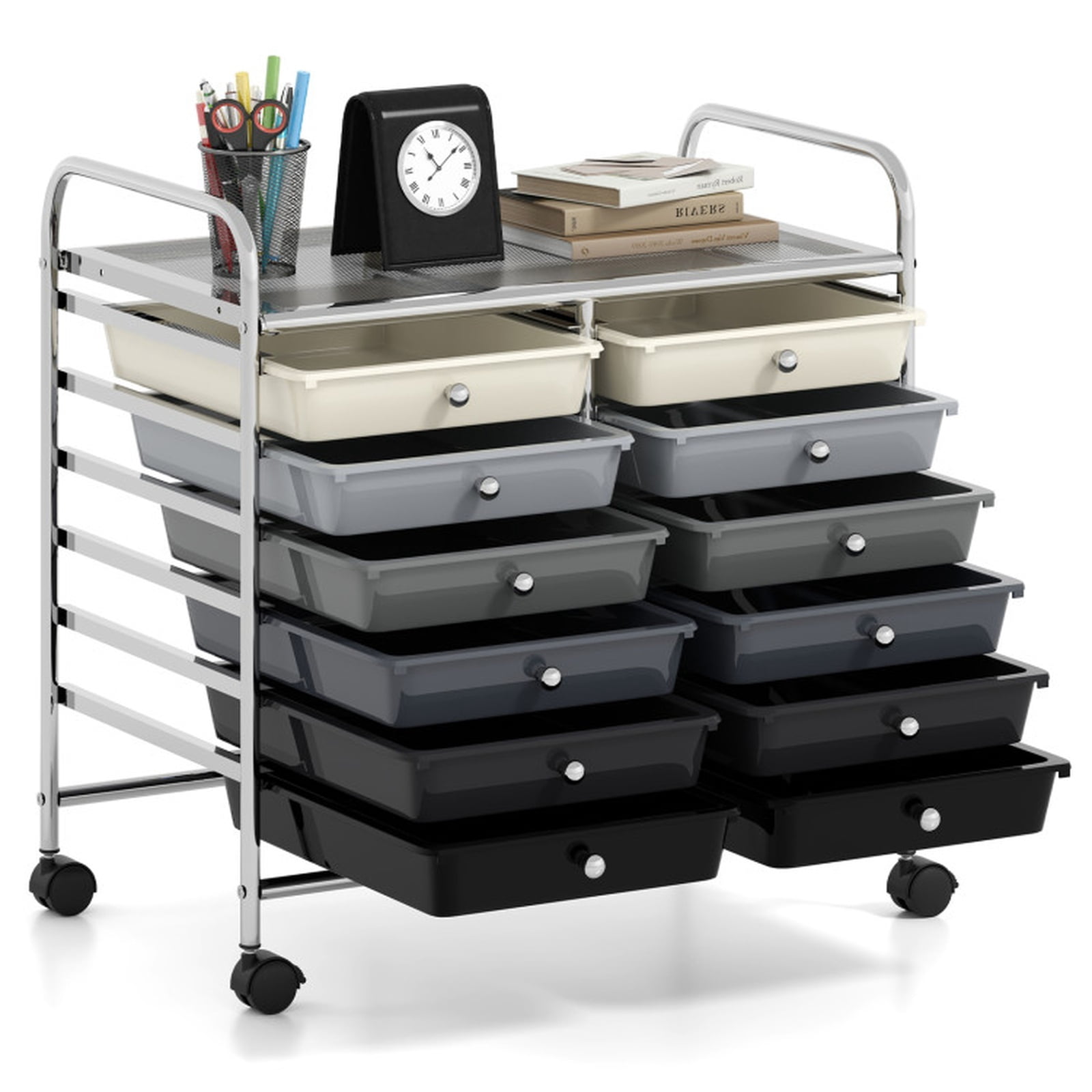 Furnibear 12 Drawers Rolling Storage Cart for Home and Office-Gradient Grey for Home Office Filing Document Letter Legal Storage, Brown