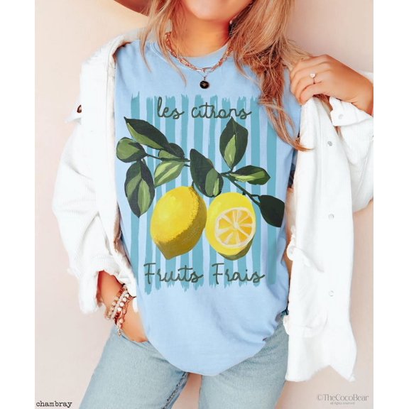 Preppy Lemon T-Shirt, Vintage Cottagecore French Lemon Tee, Citrus Summer Shirt, Cute Vacation Tee, Aesthetic Beach Outfit for Women