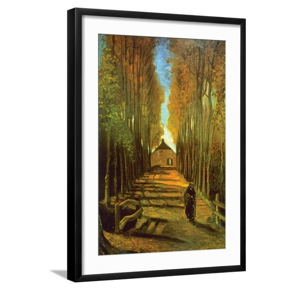Art.com Autumn Tree Lined Lane Leading To a Farm House Art Print by Vincent van Gogh, Black Frame Wall Art, 21" x 29"