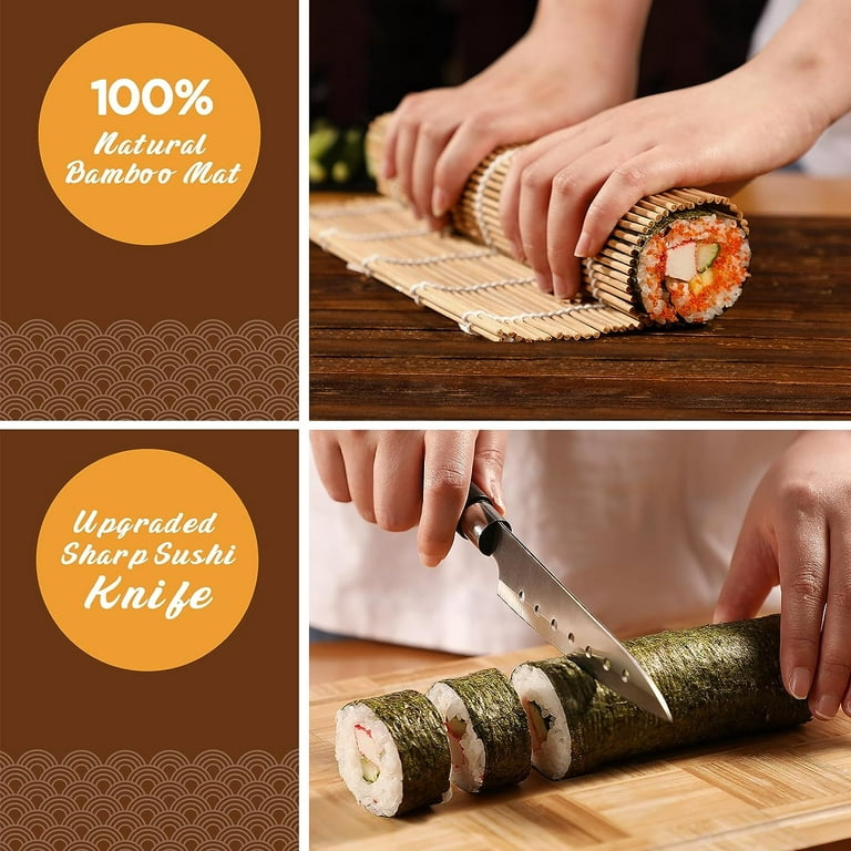 Sushi Making Kit, Delamu Bamboo Sushi Mat, Including 2 Sushi Rolling Mats,  5 Pairs Of Chopsticks, 1 Paddle, 1 Spreader, 1 Beginner Guide Pdf, Roll On