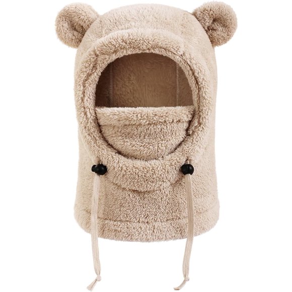 3 in 1 Beanie Hat with Scarf and Mask Unisex Kid Winter Warm Fleece Bear Ears Balaclava Thermal Sherpa Hood Ski Mask,One Size-Khaki