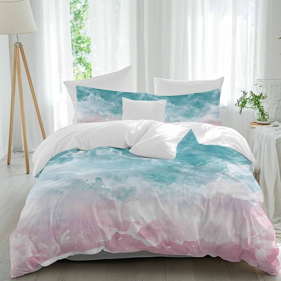 3 Piece Turquoise Pink Coastal Duvet Cover Set Full Size, Microfiber Comforter/Quilt Cover with Corner Ties and 2 Pillowcases, Summer Beach Nautical All Season Soft Bedding with Zipper Closure