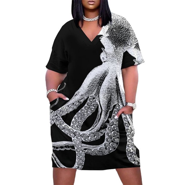 Pulpo vintage con tentáculos de pulpo, criaturas marinas, océano, mar, playa, vestido blanco y negro con bolsillos sueltos, vestidos de lujo
