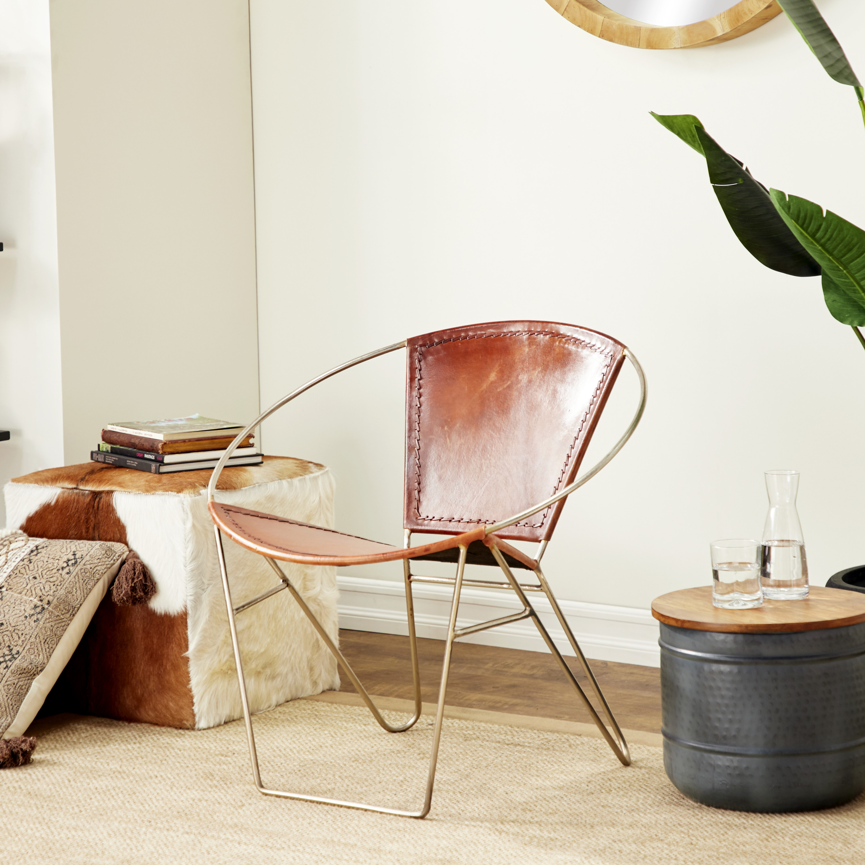 DecMode Leather Lounge Chair with Silver Frame, Brown, Set of 2