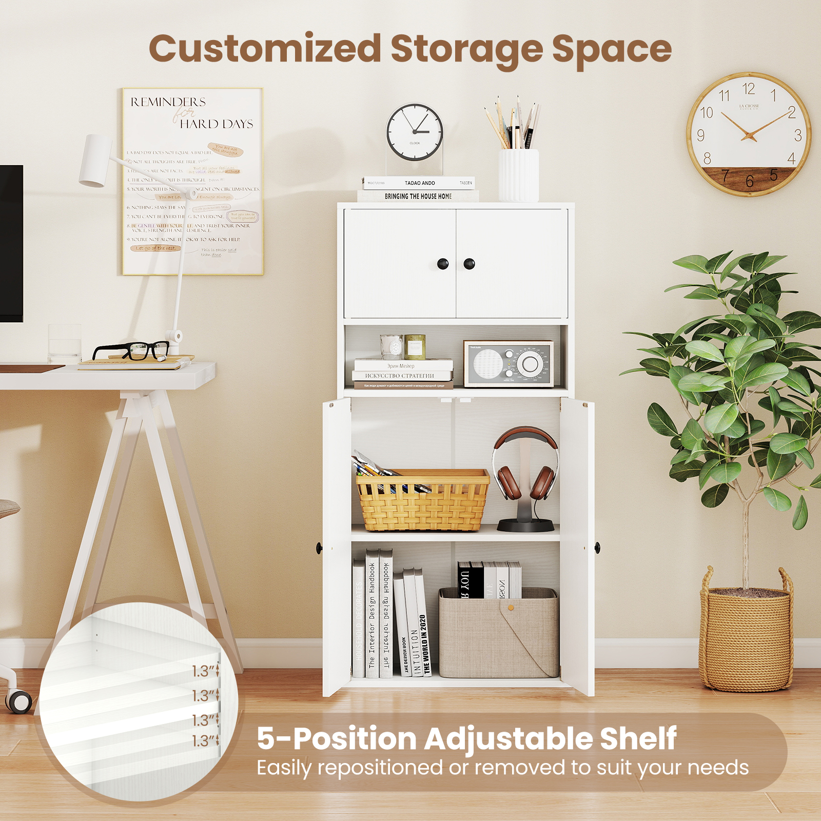 Gymax 44'' Tall Bookshelf w/Doors & Adjustable Shelf for Study Living Room Dining Room