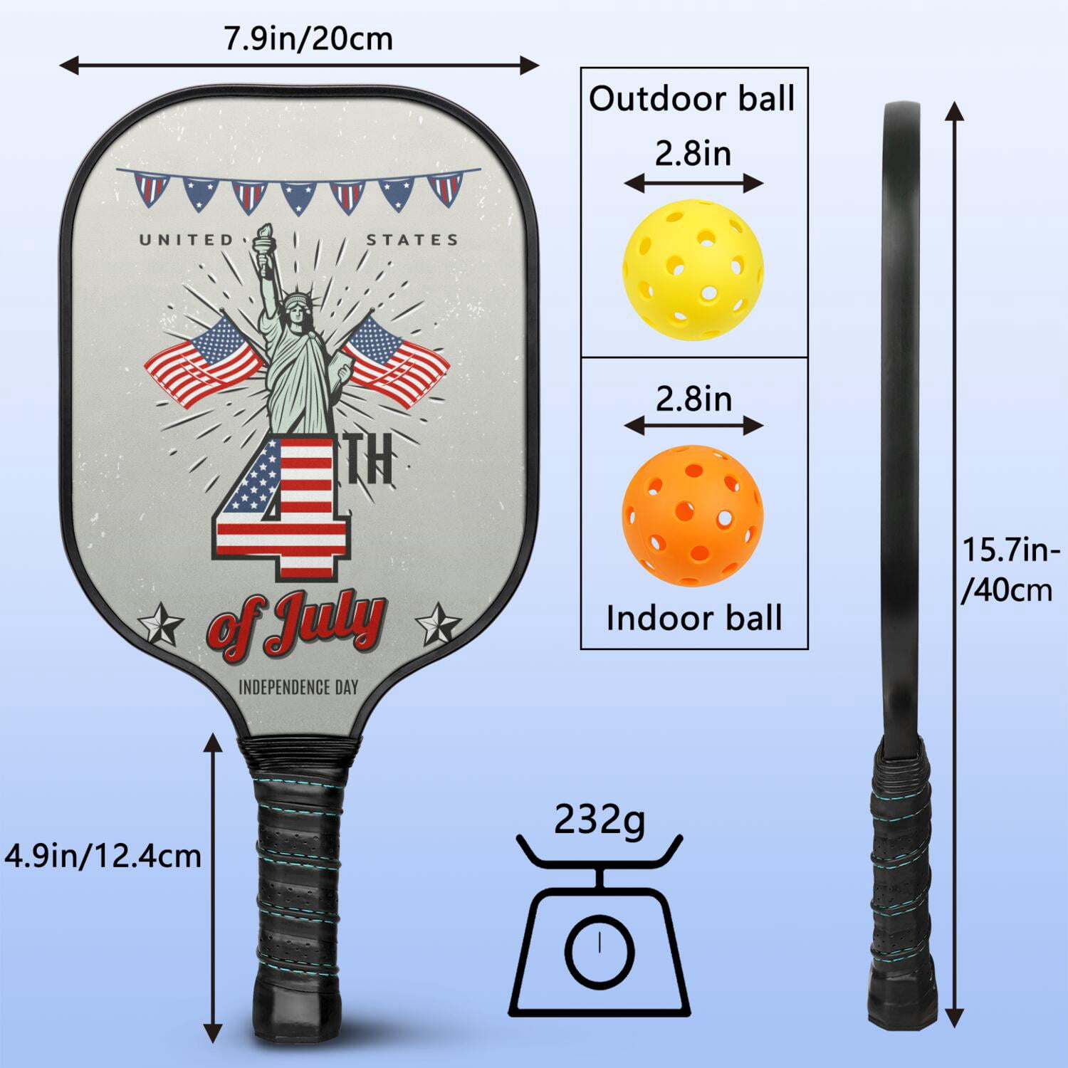 Pickleball Paddles Set Of 2, Fiberglass Surface, USA, Independence Day Print, 4 Balls & Bag