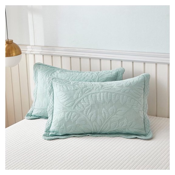 Drevy 2-Piece 100% Cotton Quilted Pillow Shams Embroidered Farmhouse Pillow Shams (Standard, Aruba Blue)