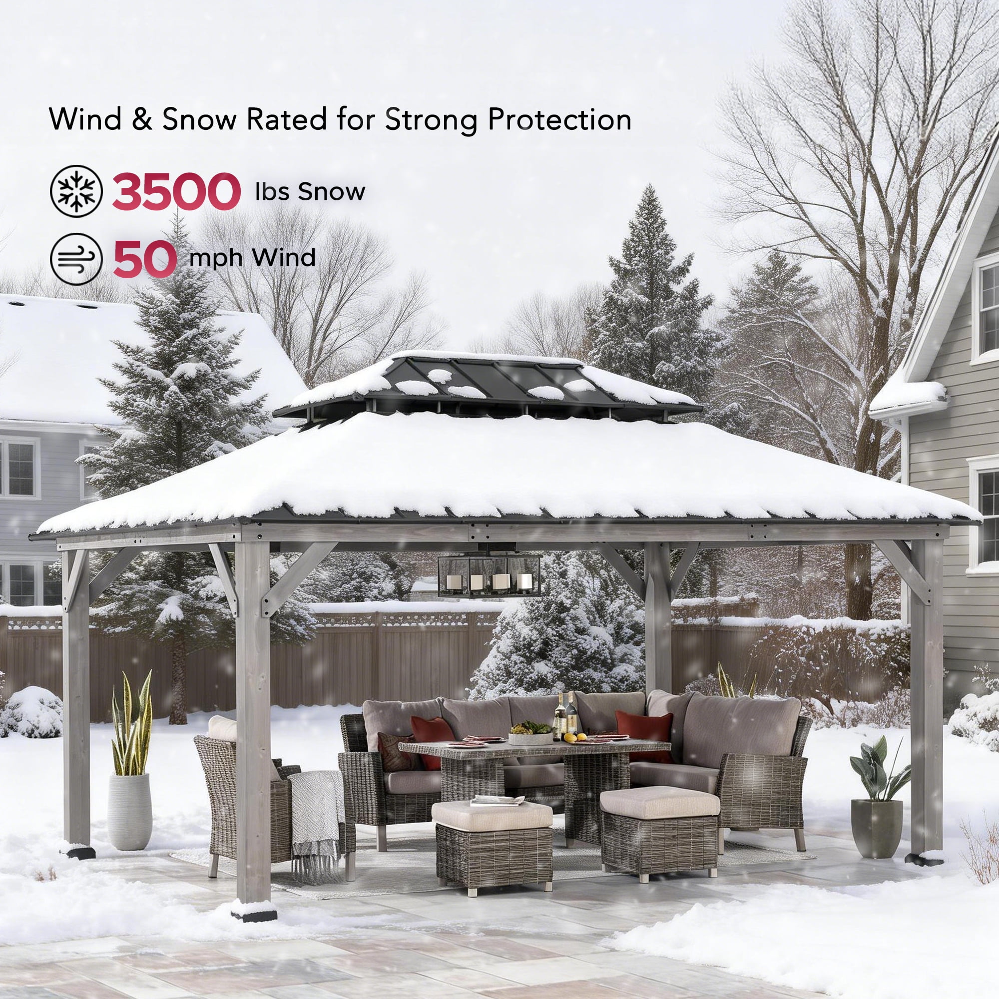 Sunjoy 12x16 ft. Wood Gazebo, Outdoor Patio Steel Hardtop Gazebo, Cedar Framed Wooden Gazebo with 2-tier Metal Roof, Suitable for Patios, Lawn, and Backyard, Matte Black