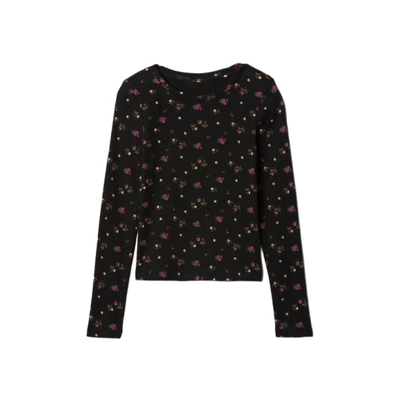 Camiseta para Niñas GAP de Manga Larga con Cuello Henley, Acanalada, Negra con Flores, Talla XS