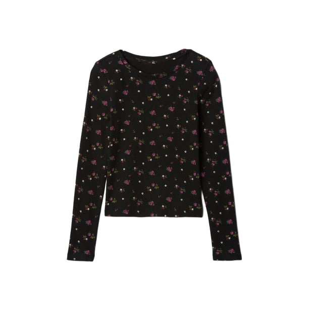 Camiseta de Manga Larga con Cuello Henley Acanalada para Niñas GAP Negra con Estampado Floral Talla L