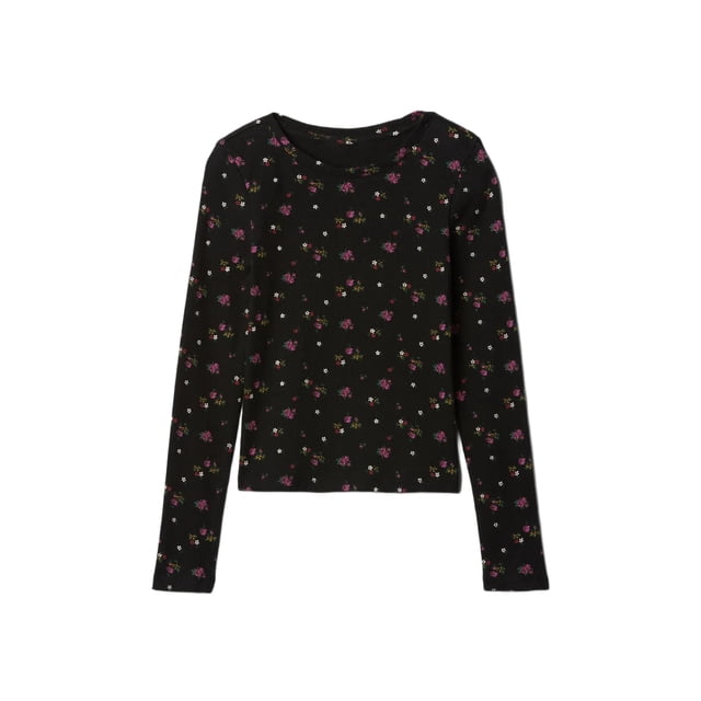 Remera GAP para Niñas Manga Larga con Cuello Henley Acanalado Negra con Estampado Floral Talle M