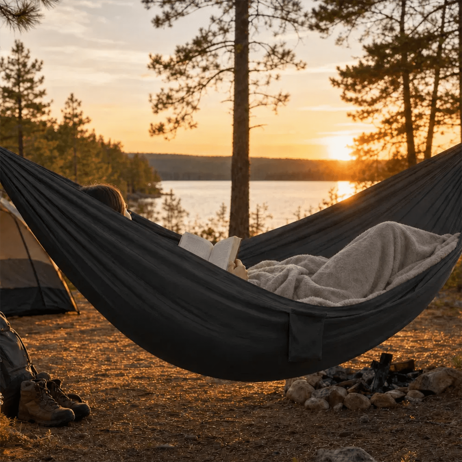 Sunyear 10 oz Camping Hammock - Portable Ripstop 20D Nylon Hammock 600lbs with Patent Quick-Adjust Buckles & Two 10 ft Straps for Camping, Hiking, Backpacking, Backyard