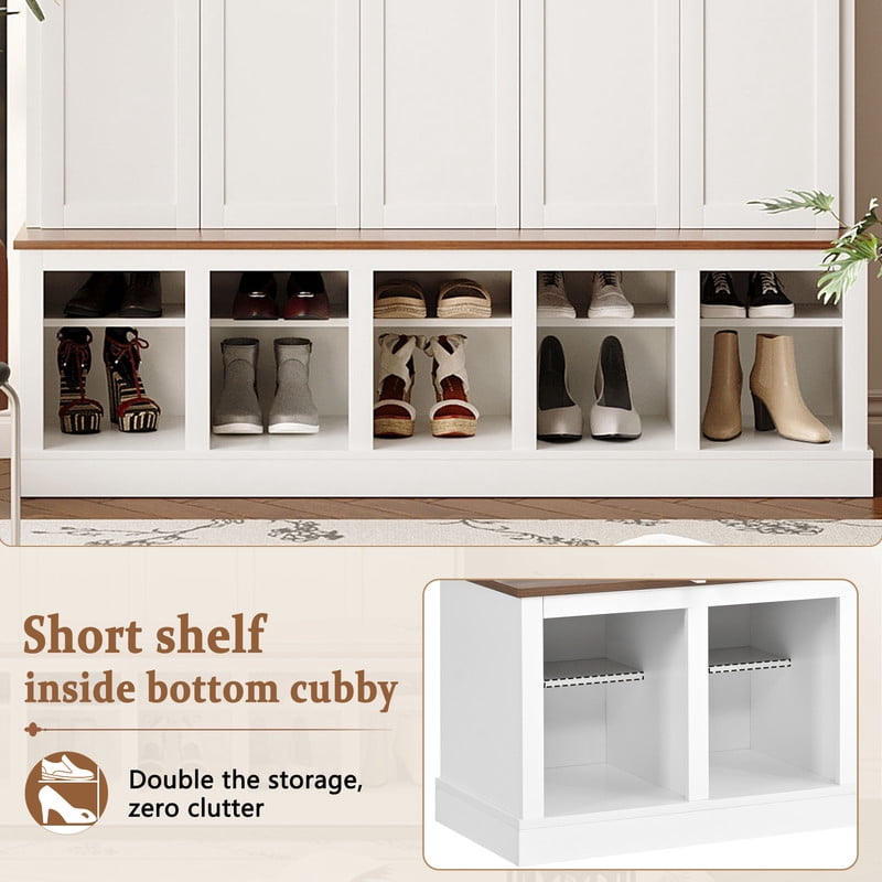 Farmhouse Hall Tree with 5 Doors and Top Storage Compartments, Entryway Coat Rack with Hooks, Mudroom Bench with Shoe Cubbies for Hallway Living Room