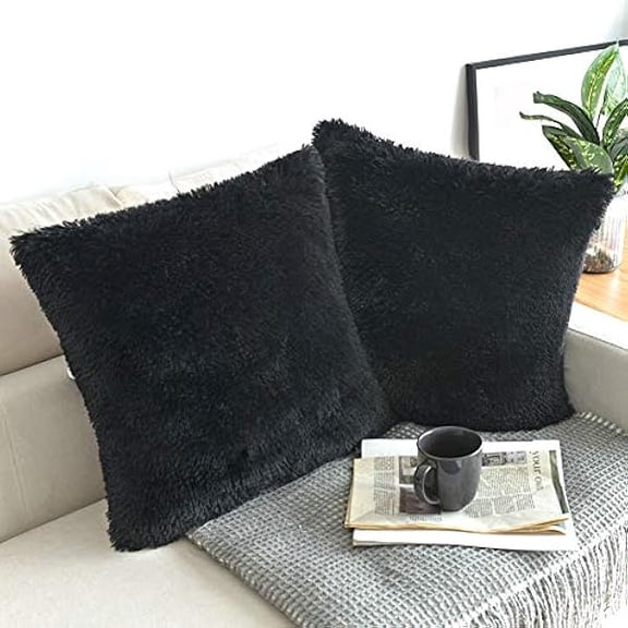 Eryueer Pack of 2 Faux Fur Cushion Covers 50 x 50 cm Luxury Fluffy Decorative Fuzzy Square Throw Pillow Case 20 x 20 for Sofa Decor Black