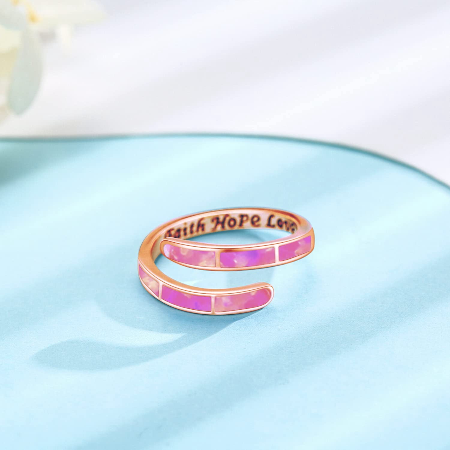 Coachuhhar Pink Opal Rings for Women 925 Sterling Silver Faith Hope Love Rings Rose Gold Adjustable Open Rings Opal Jewelry for Mother's Day