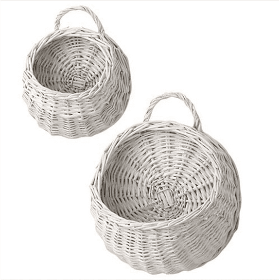 White Woven Wicker Willow Basket Wall Planter Organizer Flowers Plants Modern Farmhouse Beach House Decor Set of 2 (13" & 9.5" H)