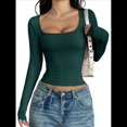 thumbnail image 2 of Camisas de Larga para Mujer, Tops Cortos, Cuello Cuadrado, Camisetas Básicas para Salir, Ropa de Invierno Y2K 2025 Verde Oscuro XL, 2 of 7