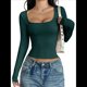 thumbnail image 2 of Camisas de Larga para Mujer, Tops Cortos, Cuello Cuadrado, Camisetas Básicas para Salir, Ropa de Invierno Y2K 2025 Verde Oscuro XL, 2 of 7