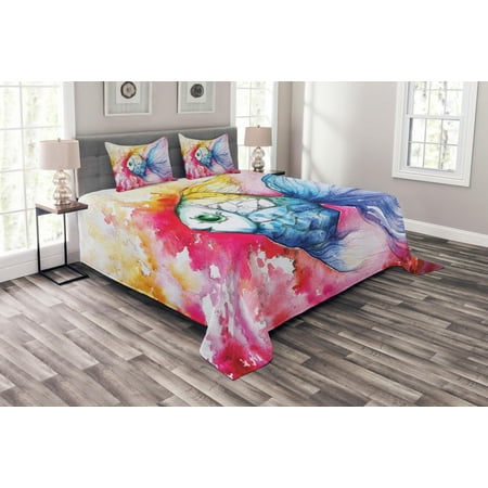 Nautical Needlepoint - Fish Bedspread Set, Watercolor Fish Paint with Grunge Vivid Brushstrokes and Splashes Nautical Concept, Decorative Quilted Coverlet Set with Pillow Shams Included, Multicolor, by Ambesonne