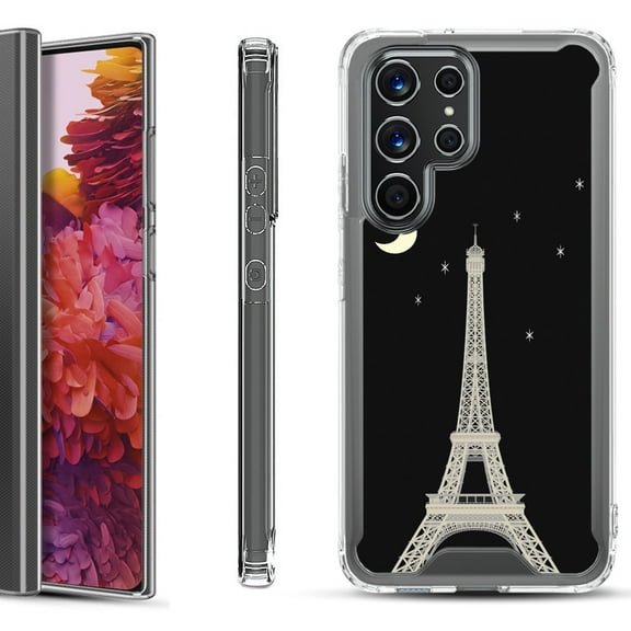 Shockproof Bumper Phone Case for Samsung Galaxy S22 Ultra 5G, by OneToughShield ® - Eiffel Tower Moon