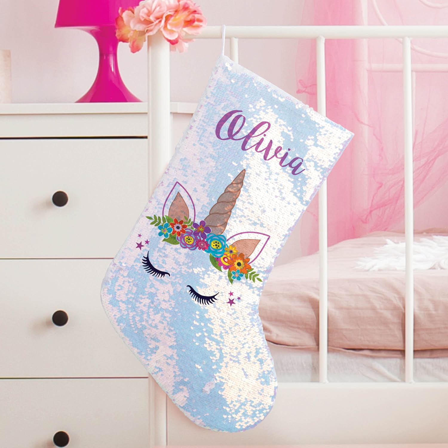 Happy Unicorn Personalized Sequin Stocking