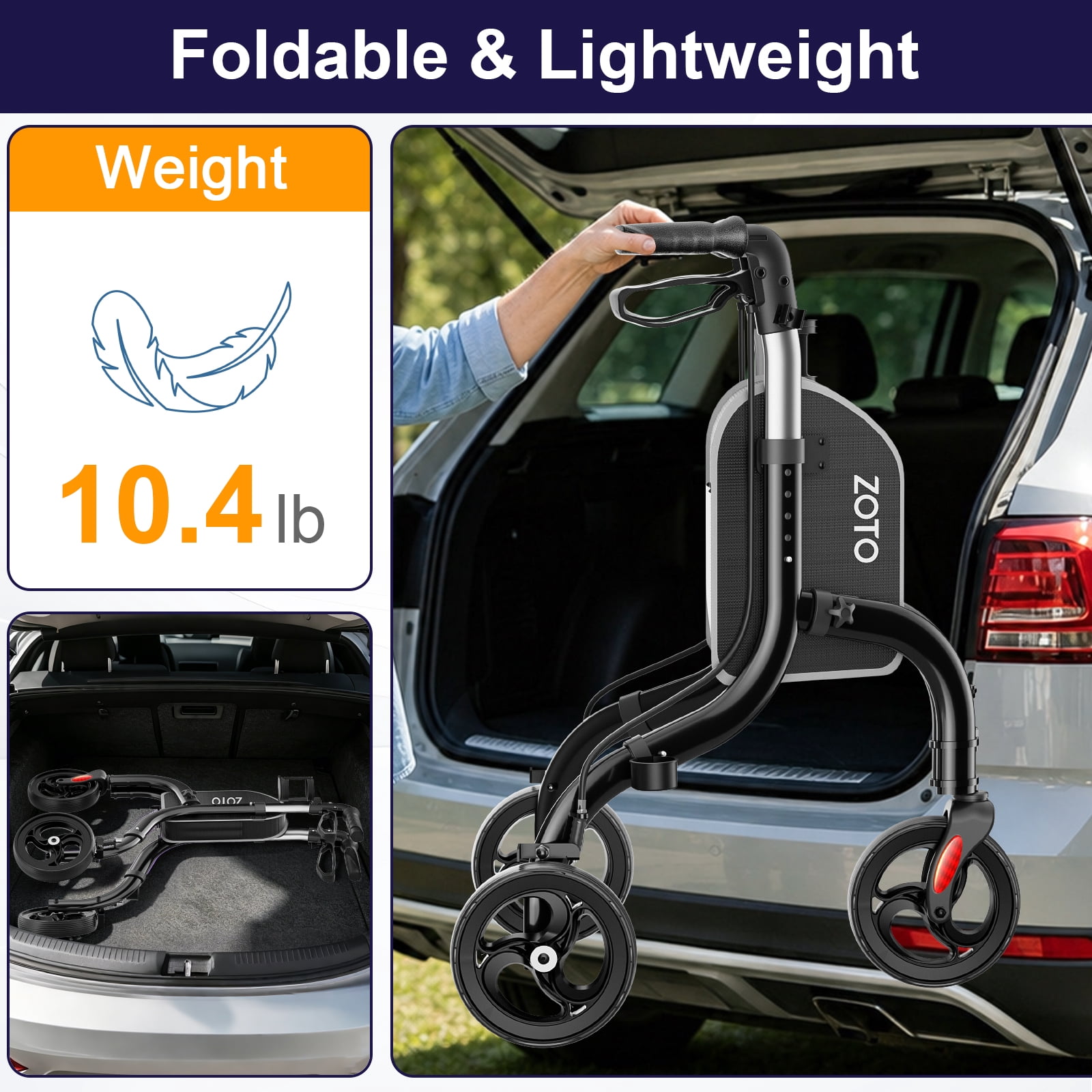ZOTO Lightweight 3-Wheel Walker for Seniors, Foldable Rollator