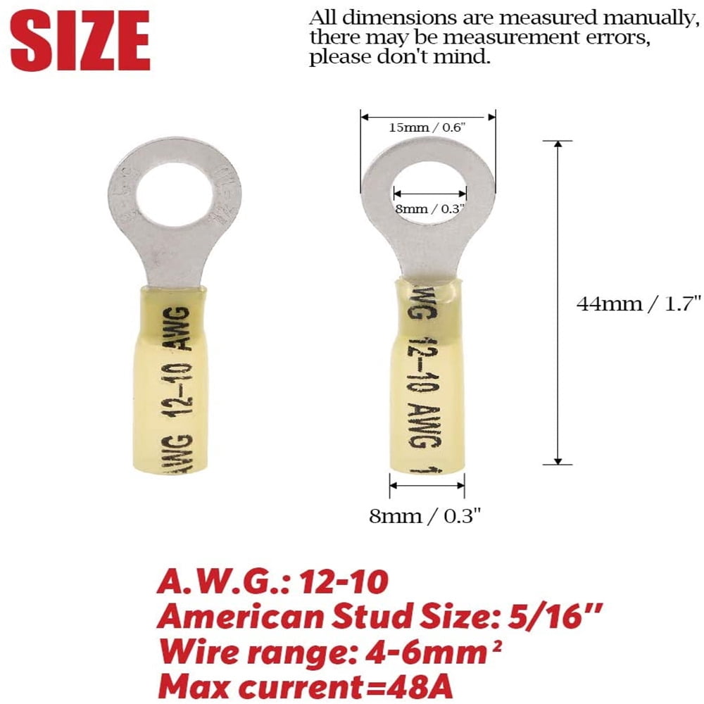 200Pcs Yellow 12-10GA 5/16" Ring Heat Shrink Electrical Connector Crimp Terminal