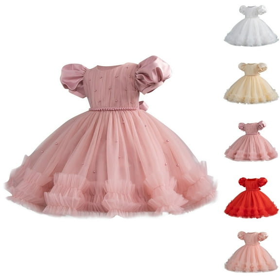 Ashirexll Little Girl Dresses, Girls Summer Dress, Toddler Kids for 0-5Y Summer Bubble Short Sleeve Round Neck Mesh Princess Dresses