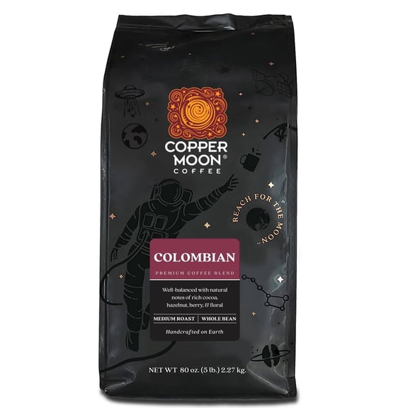 Copper Moon Whole Bean Coffee, Medium Roast, Colombian Blend, 5 Lb. Bag