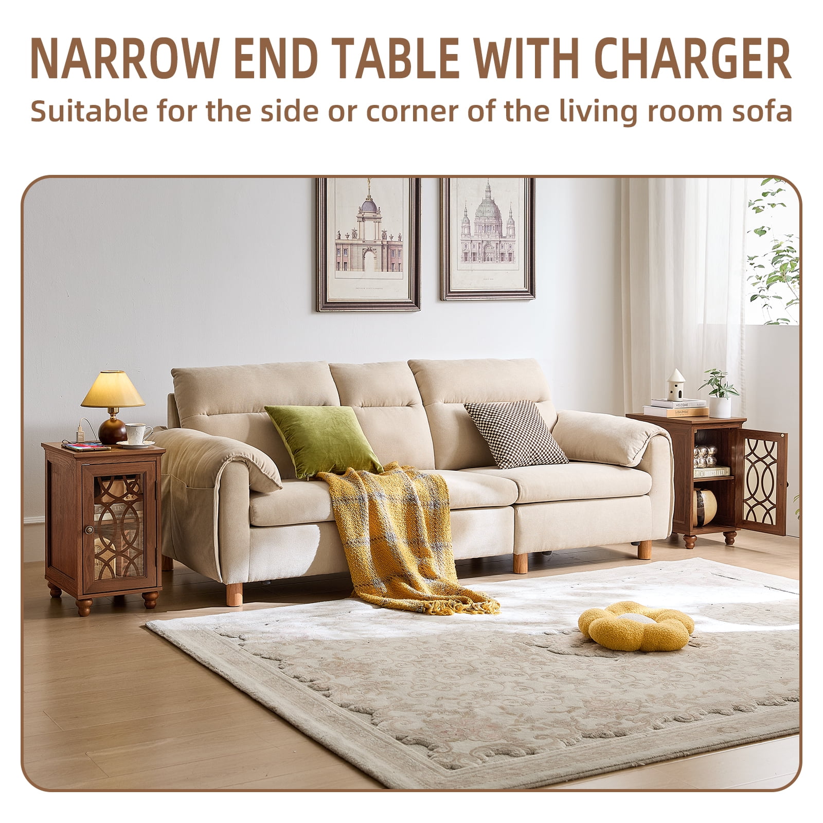 End Tables for Living Room with Charging Station, Nightstand for Small Spaces Bedoom with Glass Door and Adjustable Shelf, Brown