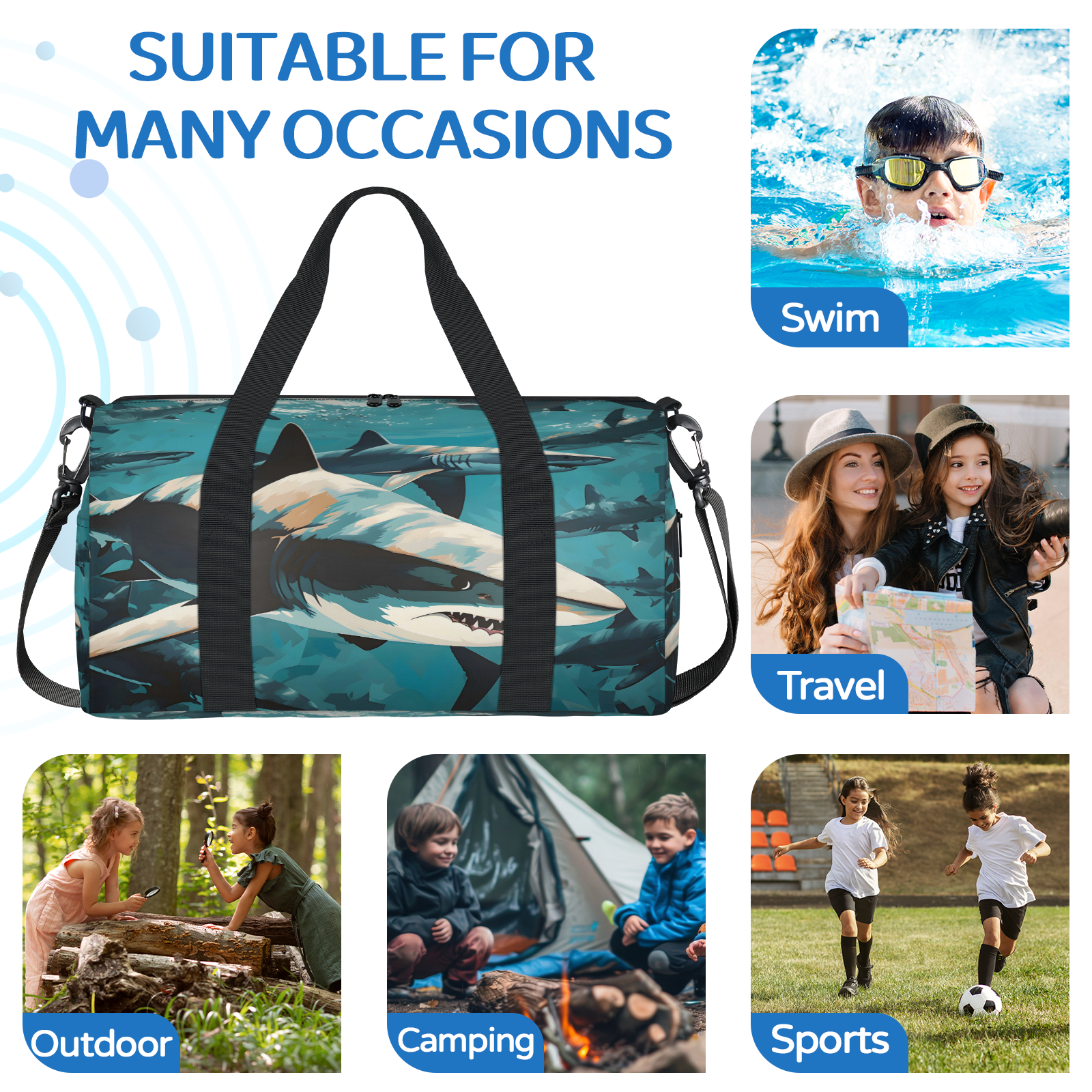 Herdesigns Shark Fish Gym Bag for Women, Duffle Bag for Travel Sport, Lightweight Waterproof Carry on Weekender Overnight Dance Yoga Workout Bags