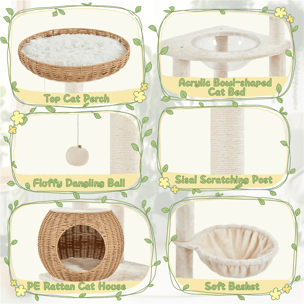 Yaheetech 54" Tall Rattan Cat Tree with Soft Cushion, Beige