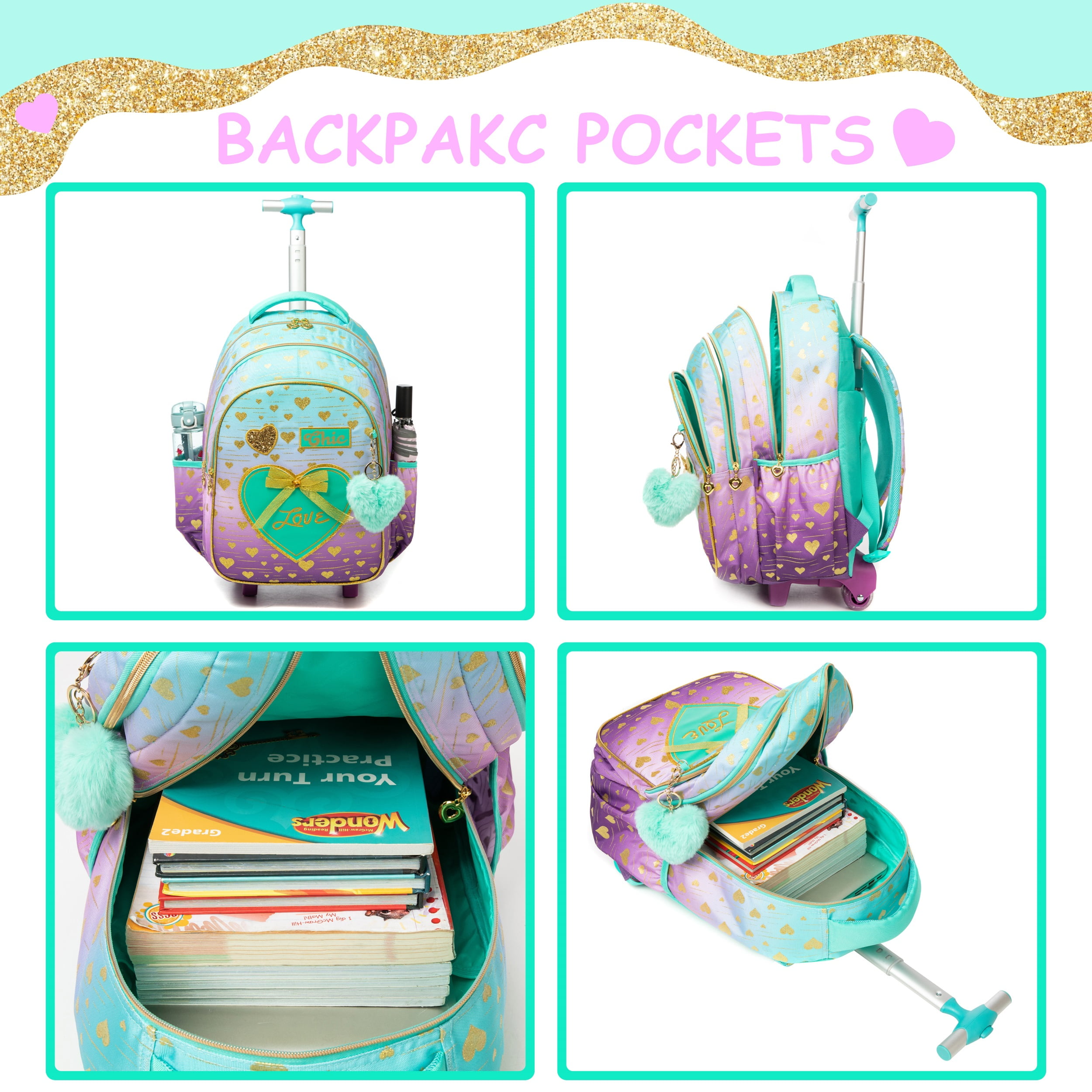 Kids Rolling Backpacks for Girls with Wheels Roller Bookbag with Lunch Box Pencil Case for Elementary Student Age 8-10 Green