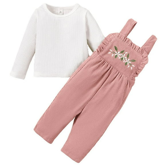 Mikrdoo Baby Girls Outfits Solid Color Long Sleeve Round Neck shirt Embroidery Straps Suspender Pants 2Pcs Clothes Set Pink 2-3Years