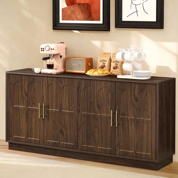 LKTART 66.5" Walnut Modern Sideboard Buffet Cabinet - Arched Door Design, Storage Solution for Living Room/Entryway Large Accent Credenza