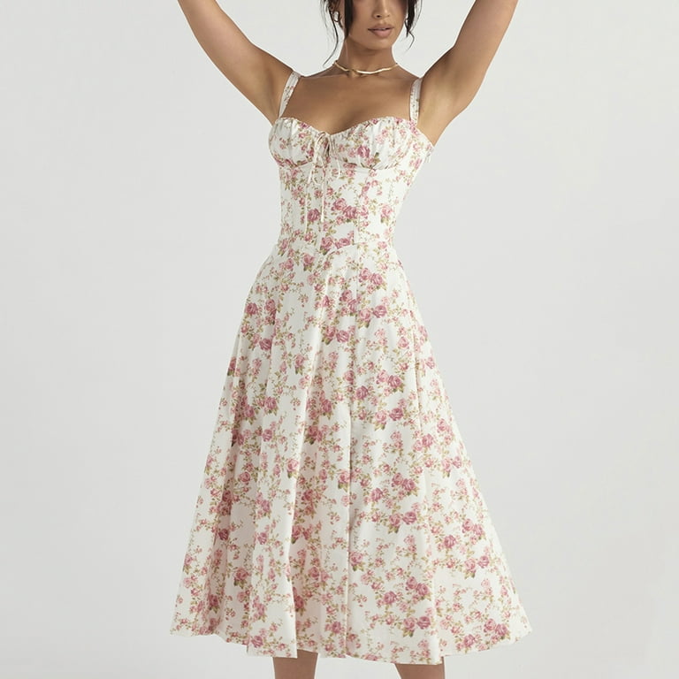 Women Bustier Long Dress Square Neck Low Cut Sleeveless Summer Boho Midi Dress Lace Trim A Line Sundress 2XL Beige Walmart