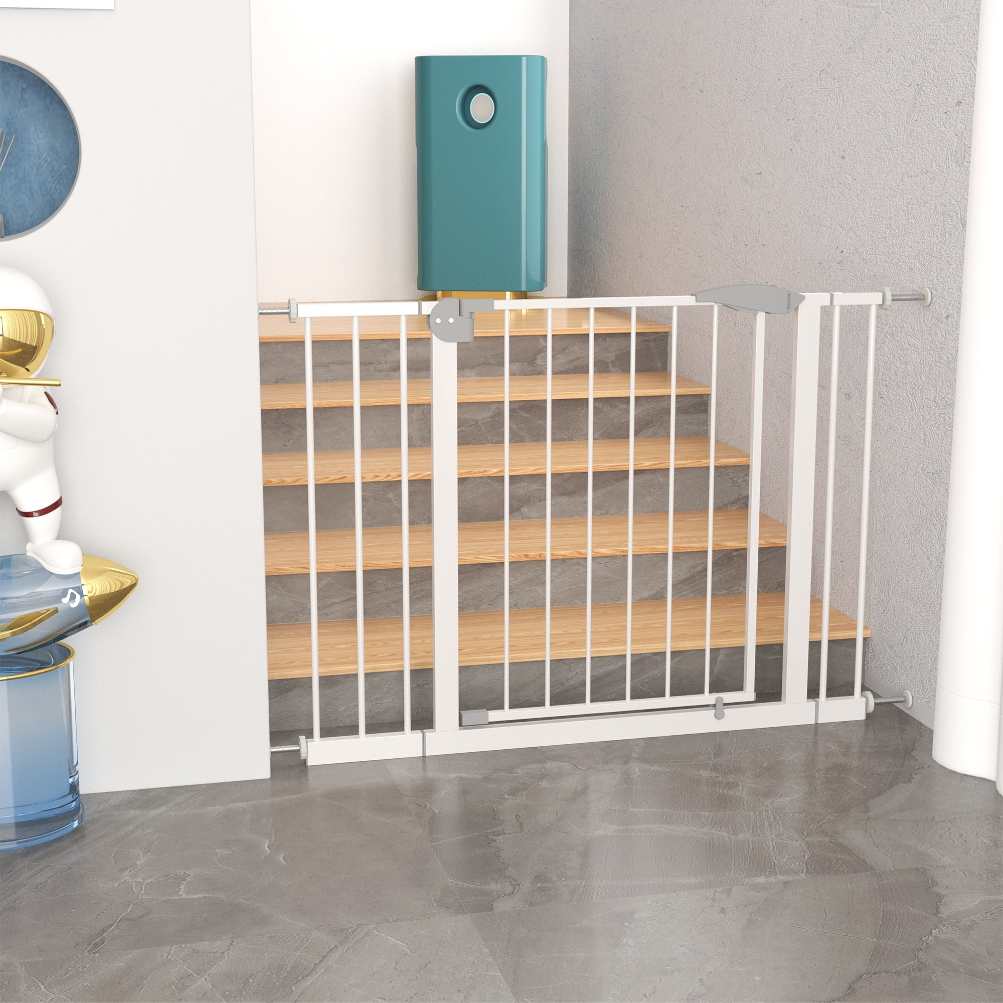 29.5-45.3" Wide Baby Gate for Stairs,Toddler Safety Essentials for The House, Dog Gate Indoor for Doorways, No Drilling Pressure Mounted Pet Gates for Kids, Easy Walk Through Safety Gate, White