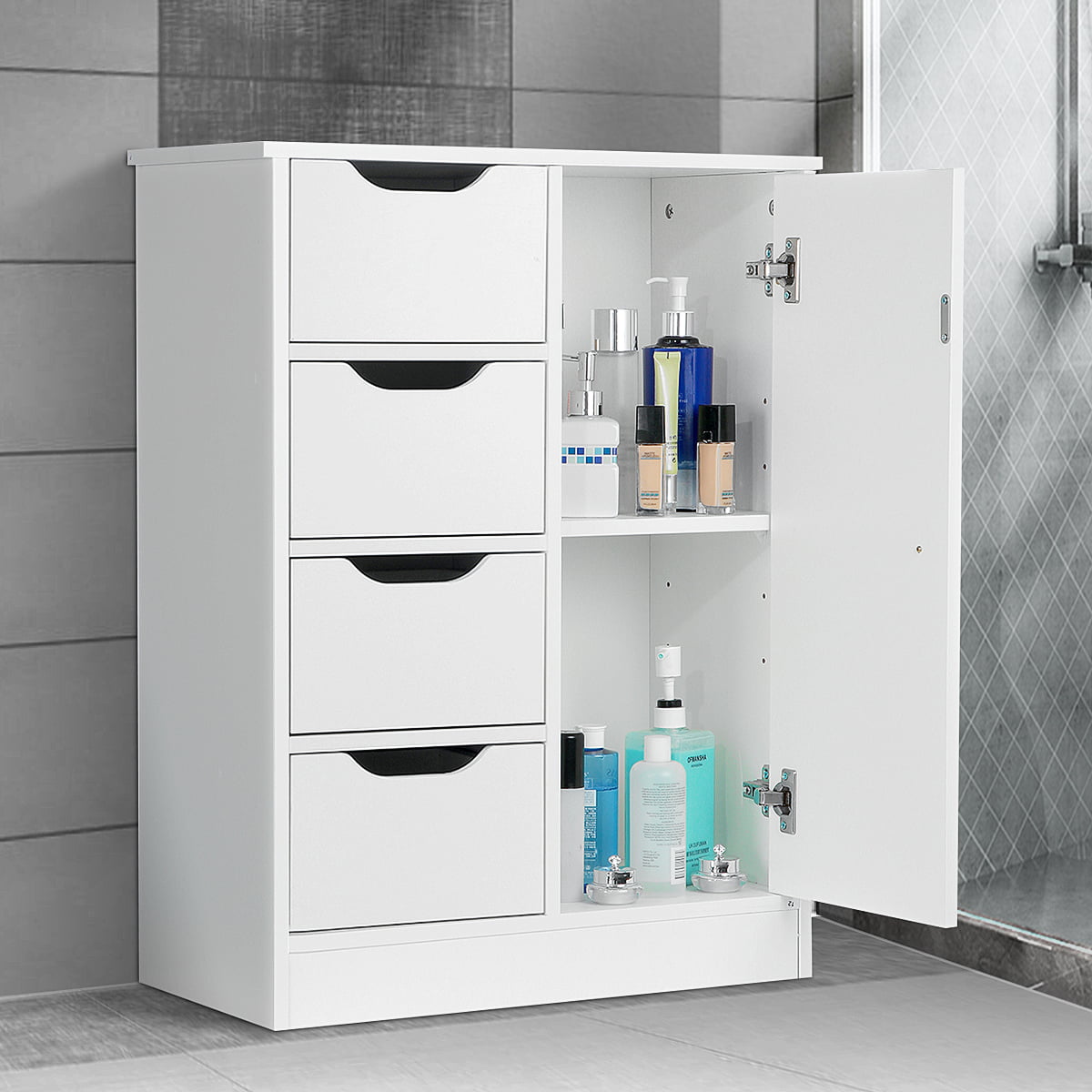 Details about   MDF Cupboard  Floor Cabinet Single Door Bathroom Storage Cabinet with 4 Drawers 