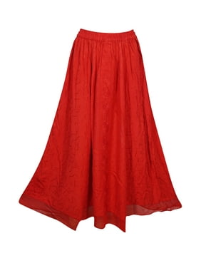 Mogul Women Red Floral Embroidered Rayon Casual Boho Long Skirt S/M