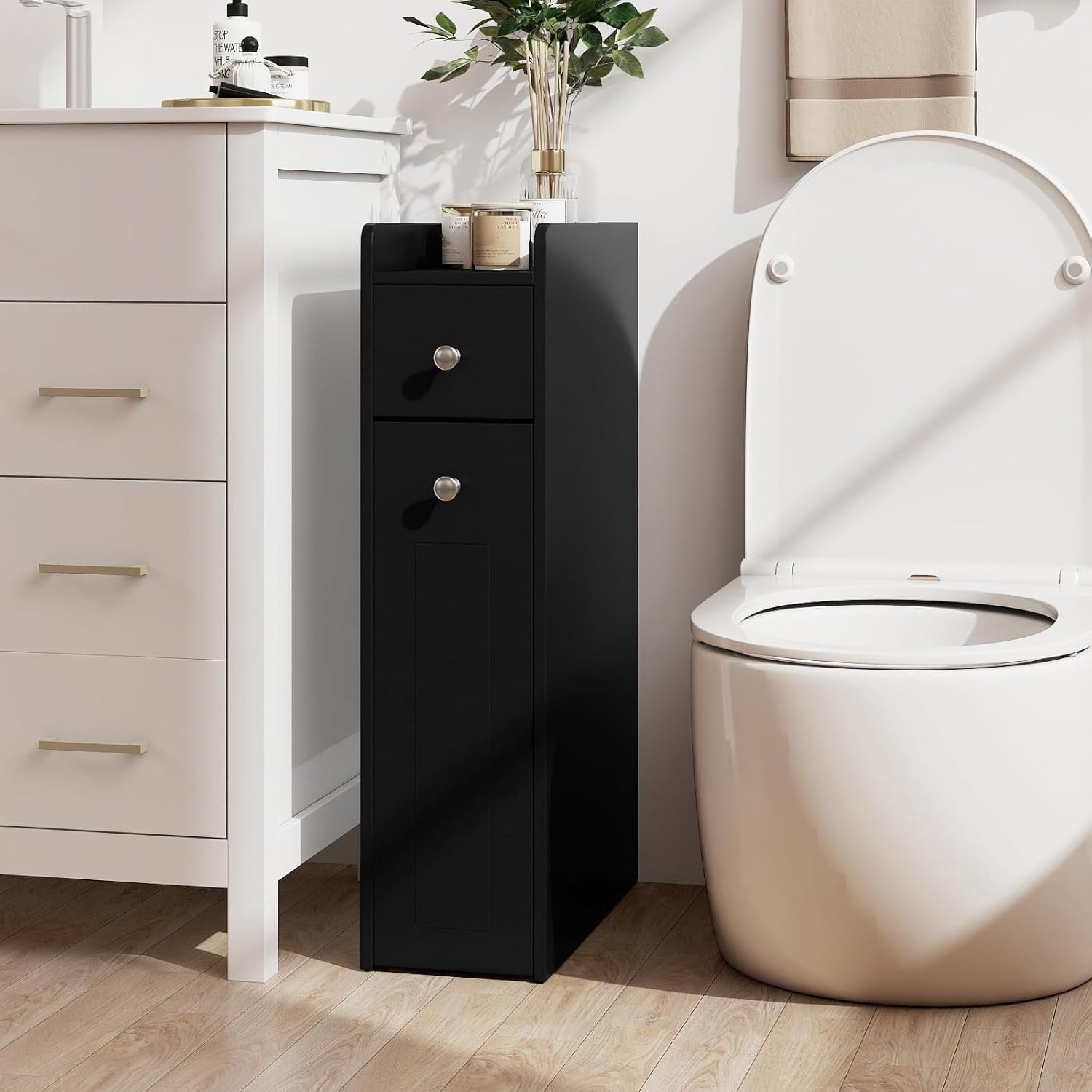 CHTER Slim Bathroom Storage Cabinet, 4-Tier Narrow Small Side Storage Cabinet Next to Toilet, Slide Out Drawers on Casters, Bathroom Floor Organizer Toilet Paper Holder for Small Spaces (Black)