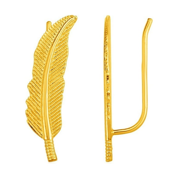 Textured Feather Climber Earrings in 14k Yellow Gold