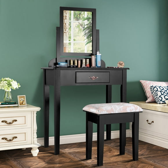Costway Makeup Desk Vanity Dressing Table Set W/Square Mirror Stool 1 Large Drawer Black