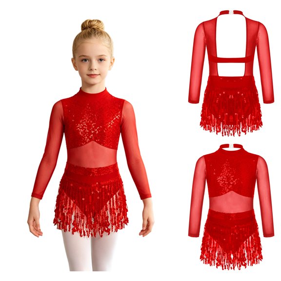 Aislor Girls Sequin Tassel Latin Dance Long Sleeve Leotards Dress 6-16 Red 6